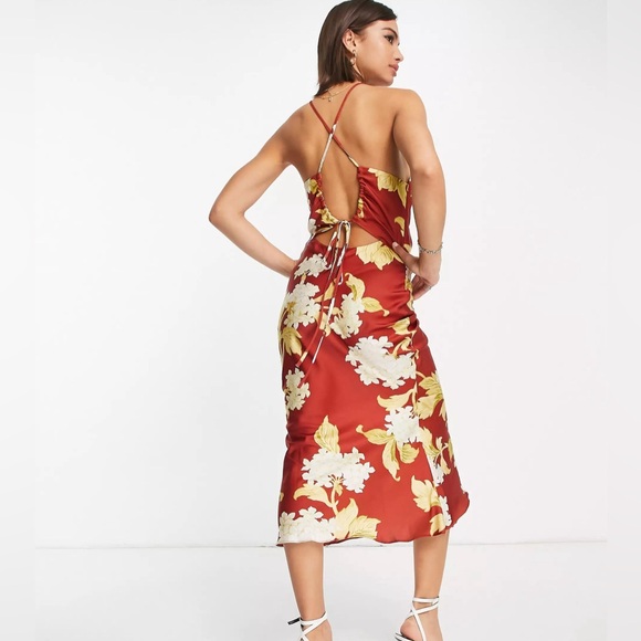 ASOS DESIGN knot front satin midi dress with tie back detail - Picture 2 of 7
